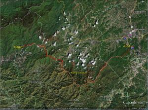 Stage 1 Route Map. A map showing the 74.8 mile route of Stage 1 along the Blue Ridge Parkway from Cherokee, NC to just south of Asheville, NC.