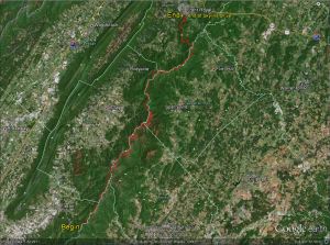 Stage 10 Route Map. A map showing the 65.0 mile route of Stage 10 along the Skyline Drive starting near Elkton, VA and Harrisonburg, VA and ending at the northern terminus of the Skyline Drive near Front Royal, VA.