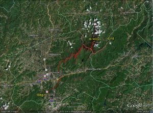 Stage 2 Route Map. A map showing the 58.3 mile route of Stage 2 along the Blue Ridge Parkway starting south of Asheville, NC. And ending near Micaville, NC. This stage includes the climb up Mt. Mitchell (6,584 ft), the highest peak in the eastern US.