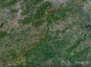 Stage 6 Route Map. A map showing the 55.6 mile route of Stage 6 along the Blue Ridge Parkway starting at Meadows of Dan, VA and ending south of Roanoke, VA.