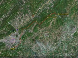 Stage 7 Route Map. A map showing the 57.1 mile route of Stage 7 along the Blue Ridge Parkway A 57.1 mile stage of the Blue Ridge Parkway starting south of Roanoke, VA and ending at the James River Bridge.