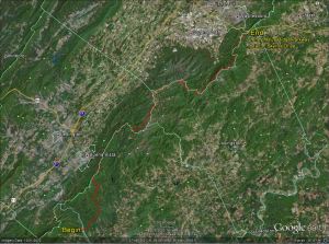 Stage 8 Route Map. A map showing the 63.7 mile route of Stage 8 along the Blue Ridge Parkway starting at the James River Bridge and ending at the northern terminus of the Blue Ridge Parkway near Waynesboro and Charlottesville, VA.