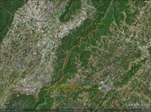 Stage 9 Route Map. A map showing the 40.0 mile route of Stage 9 along the Skyline Drive starting at the southern terminus of the Drive at I-64 and ending southeast of Elkton and Harrisonburg, VA.